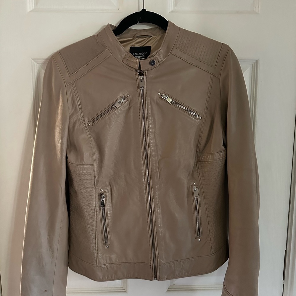 Lamarque Beige Leather Jacket with Zipper Details
